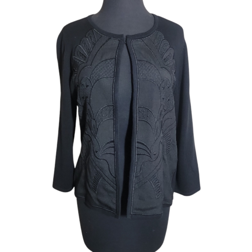 Chico's women's black embroidered hook & eye cardigan size 1 (8 Small)